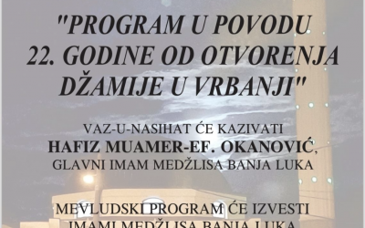 NAJAVA: Obilježavanje godišnjice otvorenja džamije u Vrbanji