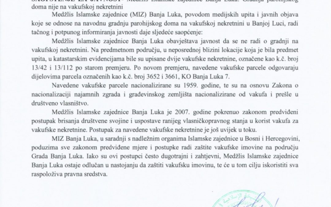 SAOPŠTENJE ZA JAVNOST- Medžlis Islamske zajednice Banja Luka: Gradnja parohijskog doma nije na vakufskoj nekretnini